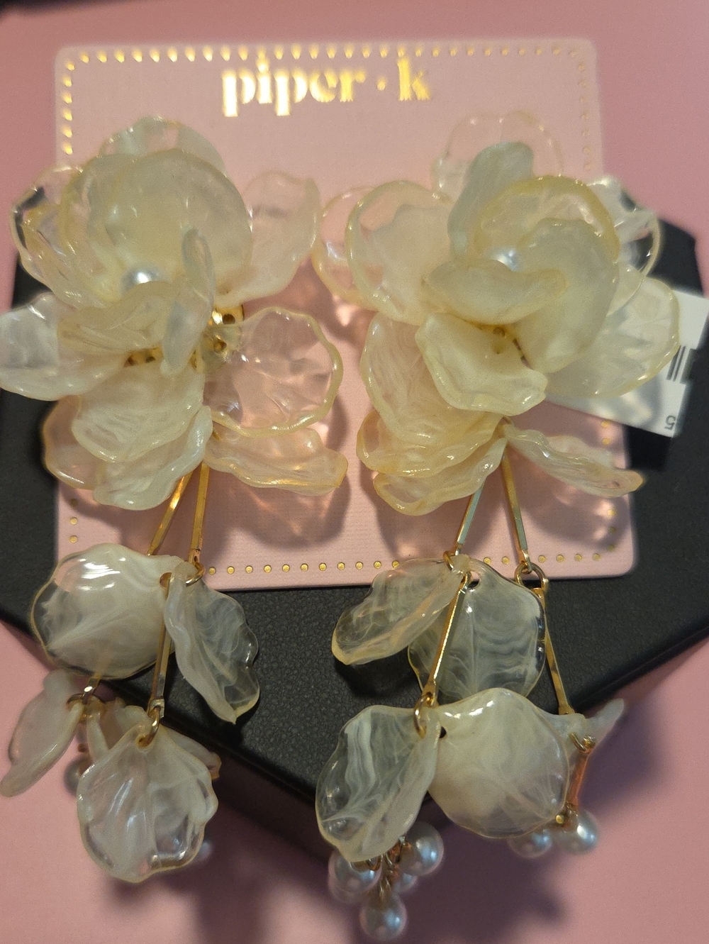 Piper K Cream Floral Resin Drop Earrings with Pearl Charms